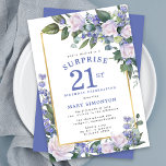 Invitation Blue White Floral 21e anniversaire Surprise Party<br><div class="desc">Faites honneur à une femme spéciale avec cette invitation élégante et féminine du 21e anniversaire de la Surprise Party. Surprise et le 21 sont écrits en gros bleu. Célébration d'anniversaire suit. Le nom de l'invité honoré est également en lettres majuscules bleues. Les détails de la fête d'anniversaire sont entourés d'un...</div>