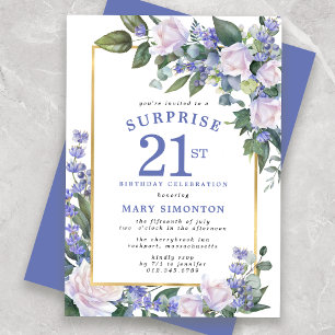 Invitation Blue White Floral 21e anniversaire Surprise Party