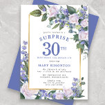 Invitation Blue White Floral 30e anniversaire Surprise Party<br><div class="desc">Honorer une femme spéciale avec cette invitation élégante et féminine 30e anniversaire Surprise Party. Surprise et 30ème sont écrits en gros caractères bleus. Célébration d'anniversaire suit. Le nom de l'invité honoré est également en lettres majuscules bleues. Les détails de la fête d'anniversaire sont entourés d'un cadre doré chic. Les éléments...</div>