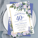 Invitation Blue White Floral 40e anniversaire Surprise Party<br><div class="desc">Honorer une femme spéciale avec cette invitation élégante et féminine 40th Birthday Surprise Party. Surprise et le 40ème sont écrits en gros caractères bleus. Célébration d'anniversaire suit. Le nom de l'invité honoré est également en lettres majuscules bleues. Les détails de la fête d'anniversaire sont entourés d'un cadre doré chic. Les...</div>