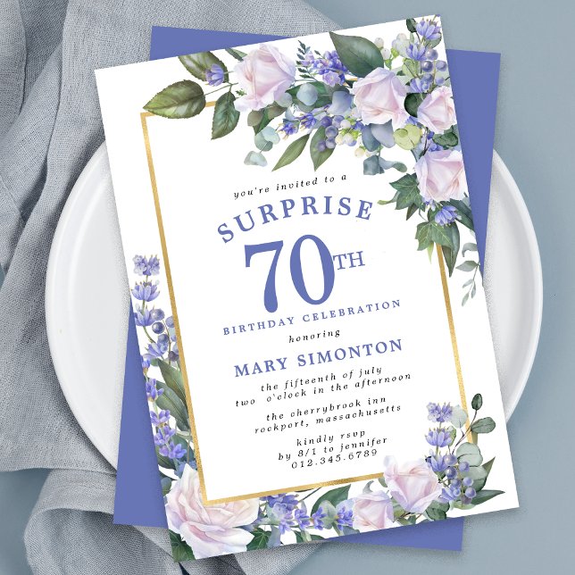 Invitation Blue White Floral 70e anniversaire Surprise Party (Créateur téléchargé)