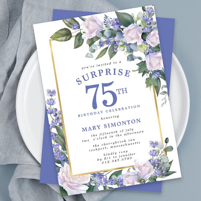 Invitation Blue White Floral 75e anniversaire Surprise Party (Créateur téléchargé)
