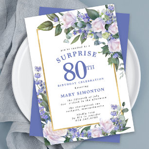 Invitation Blue White Floral 80e anniversaire Surprise Party