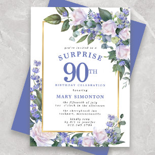 Invitation Blue White Floral 90e anniversaire Surprise Party