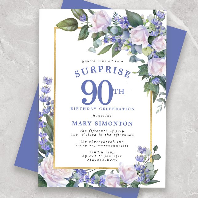 Invitation Blue White Floral 90e anniversaire Surprise Party (Créateur téléchargé)