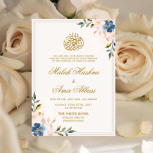 Invitation Blue & White Floral Gold Design Mariage islamique