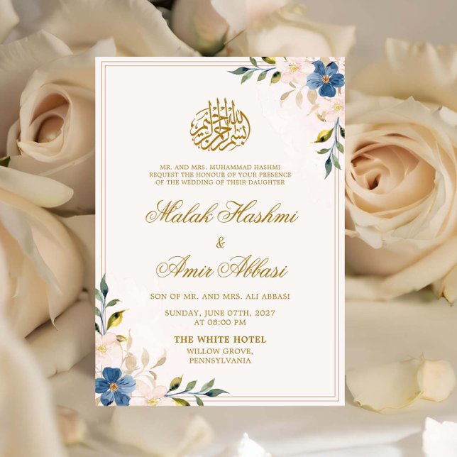 Invitation Blue & White Floral Gold Design Mariage islamique (Créateur téléchargé)
