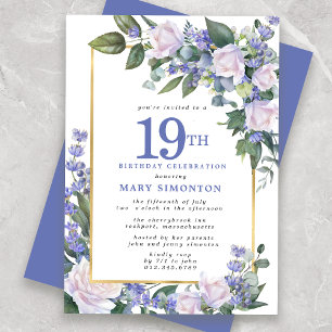 Invitation Blue White Gold Floral 19e anniversaire