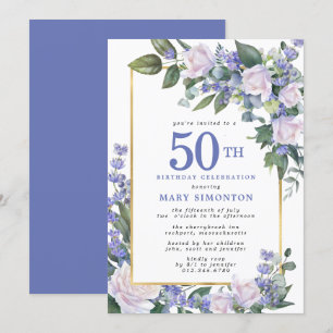 Invitation Blue White Gold Floral 50e anniversaire