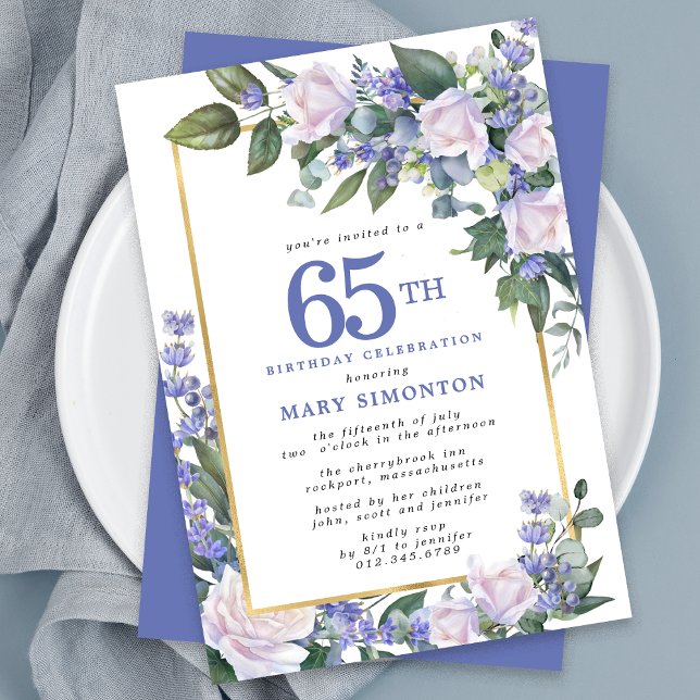 Invitation Blue White Gold Floral 65e anniversaire (Créateur téléchargé)