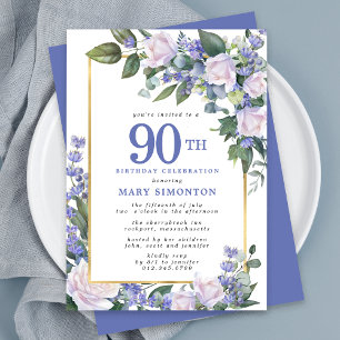 Invitation Blue White Gold Floral 90e anniversaire