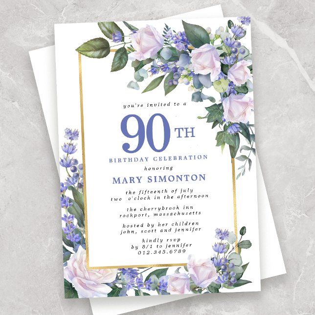 Invitation Blue White Gold Floral 90e anniversaire (Créateur téléchargé)