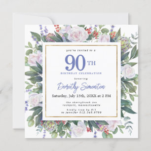 Invitation Blue White Gold Floral 90e anniversaire Carré