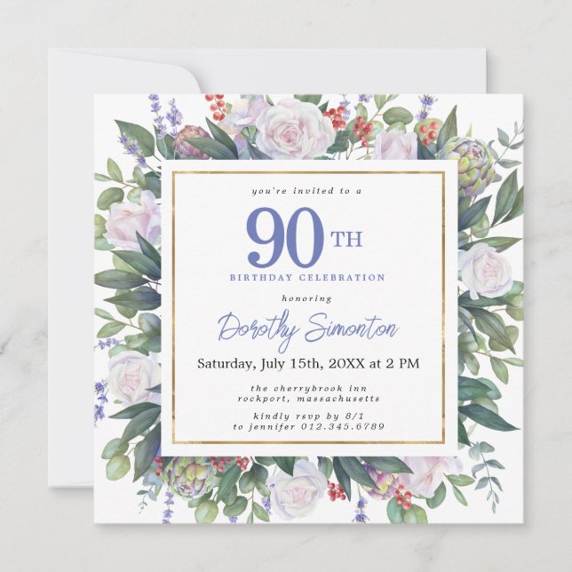 Invitation Blue White Gold Floral 90e anniversaire Carré (Devant)