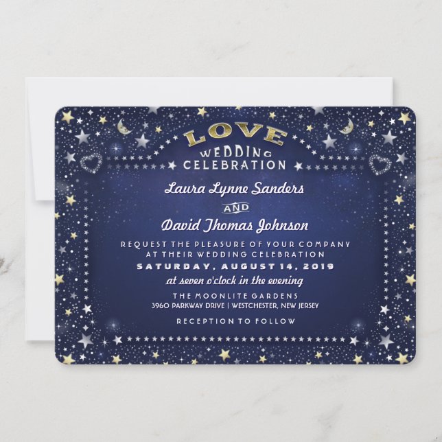Invitation Blue White Gold Moon Stars RÉCEPTION INFO sur le d (Devant)