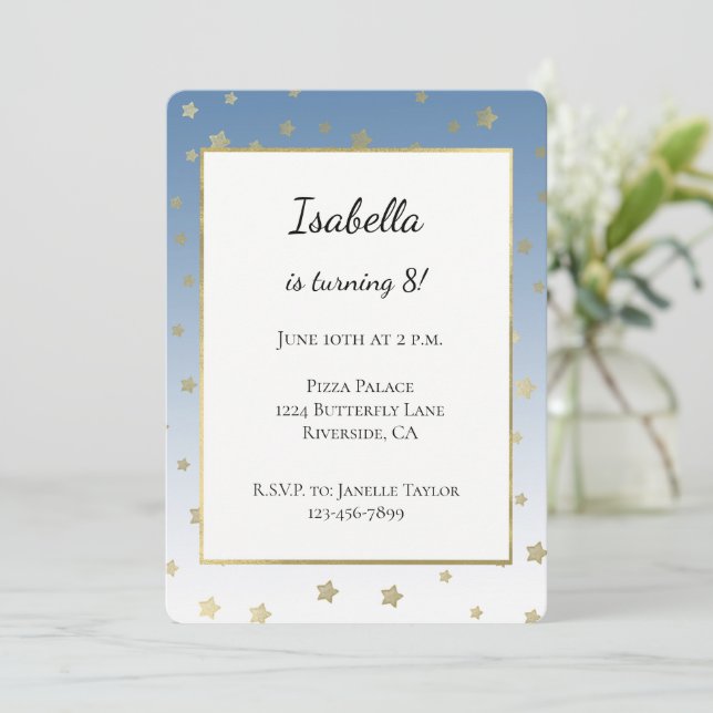 Invitation Blue White Gold Stars Birthday (Debout devant)