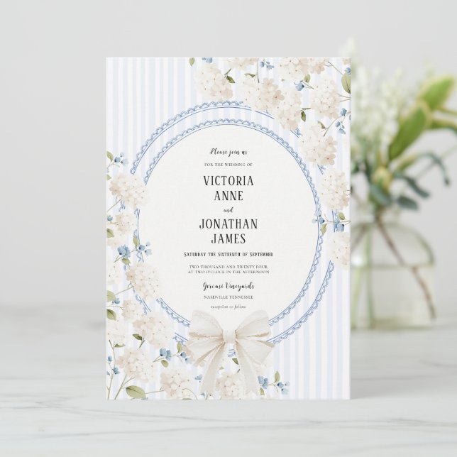 Invitation Blue White Hydrangea Stripe Vintage Wedding (Debout devant)