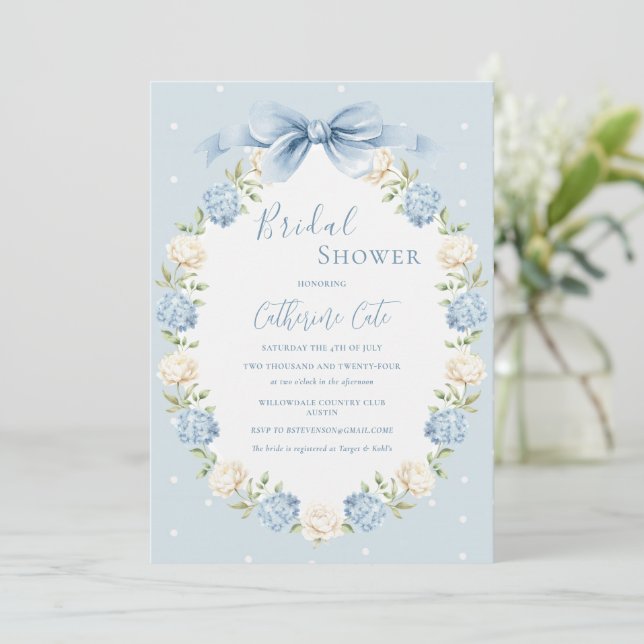 Invitation Blue White Hydrangeas Ribbon Vintage Bridal Shower (Debout devant)
