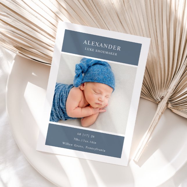 Invitation Blue White Minimalist Photo Baby Announcement Card (Créateur téléchargé)