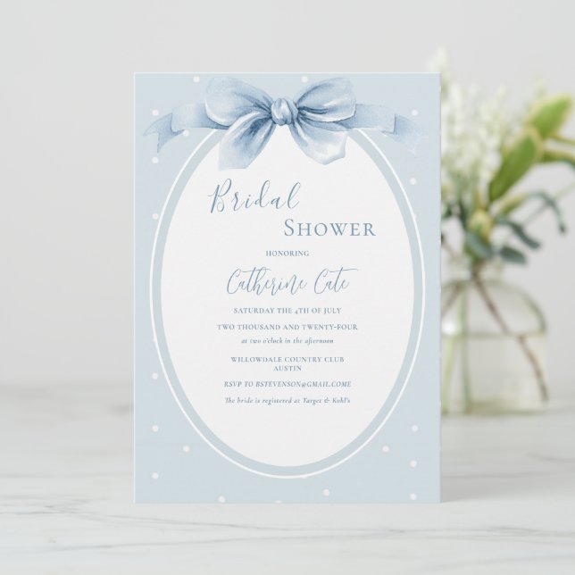 Invitation Blue White Polkadots Ribbon Bridal Shower (Debout devant)