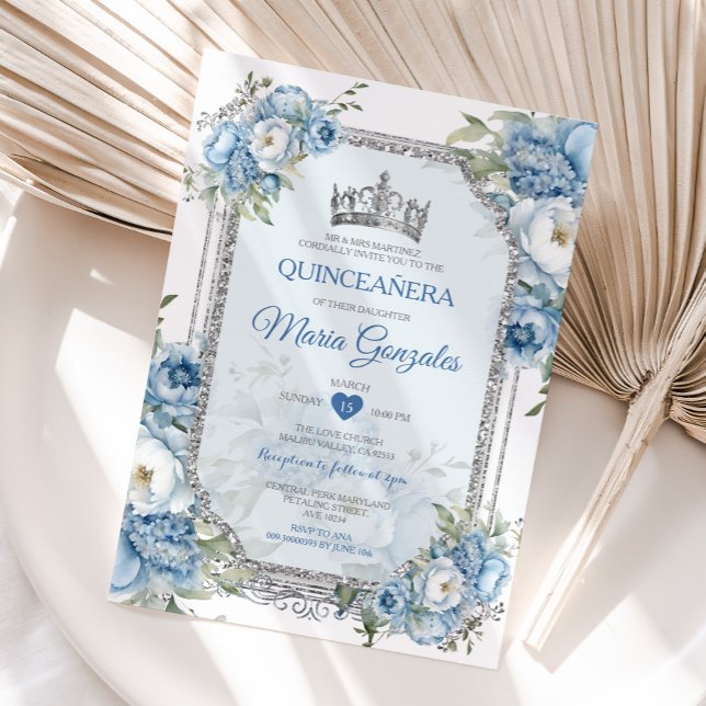 Invitation Blue & White Quinceañera Argent Crown 15 Anos (Créateur téléchargé)