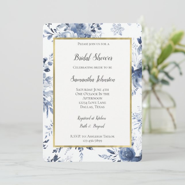 Invitation Blue White Romantic Floral Bridal Shower   (Debout devant)
