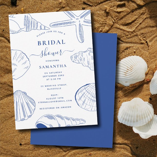 Invitation Blue White Sea Shells Beach Fête des mariées d'été (Blue White Sea Shells Beach Summer Bridal Shower Invitation)