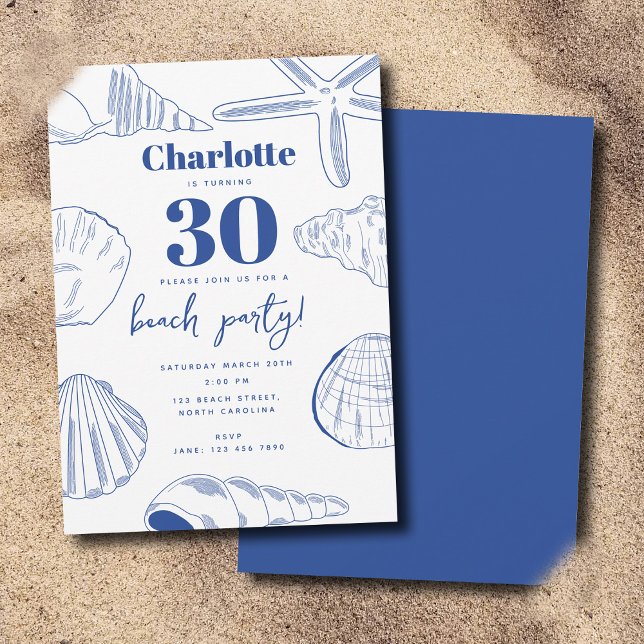 Invitation Blue White Sea Shells Beach Summer Anniversaire (Blue White Sea Shells Beach Summer Birthday Party Invitation)