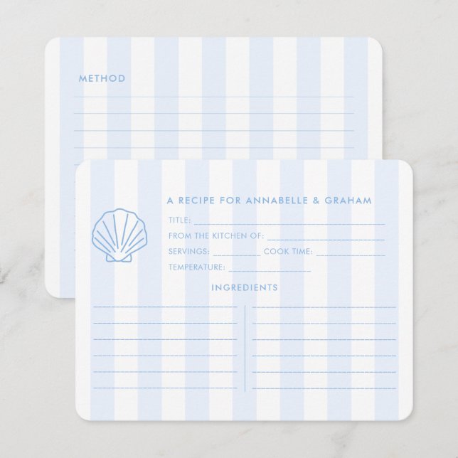 Invitation Blue White Shell Beachy Bridal Shower Recipe Card (Devant / Derrière)