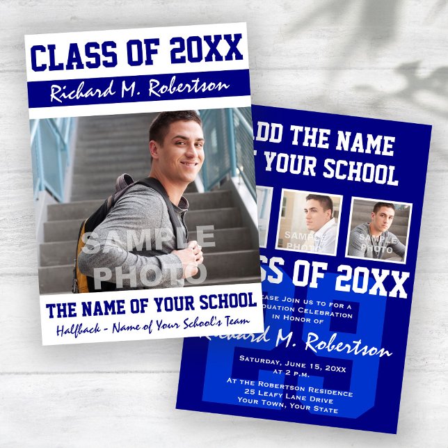 Invitation Blue White Sporty Guy's Graduation Varsity Numéro (Créateur téléchargé)