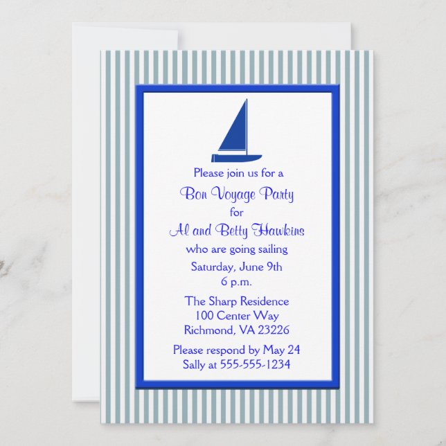 Invitation Blue White Stripes Bateau Bon Voyage Party (Devant)