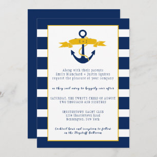Invitation Blue White Stripes Gold Details Mariage nautique