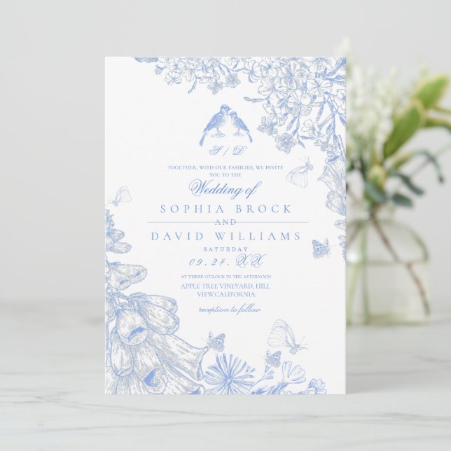 Invitation Blue White Toile French Floral Wedding  (Debout devant)