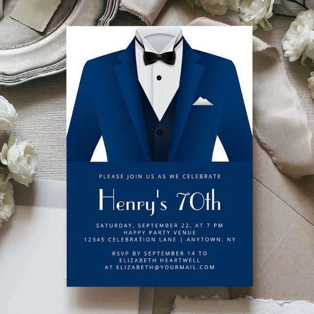 Invitation Blue White Tuxedo Mens 70e anniversaire fête (Créateur téléchargé)