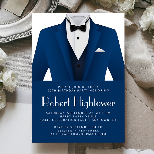 Invitation Blue White Tuxedo Mens Birthday Party (Créateur téléchargé)