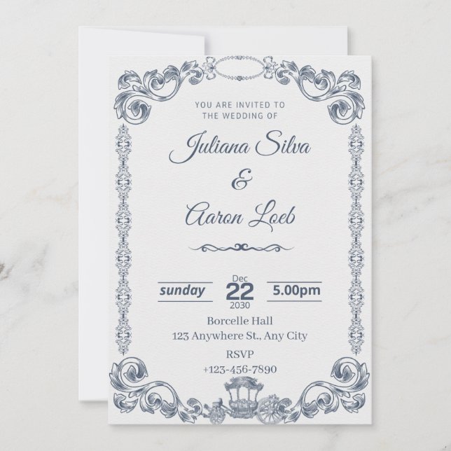 Invitation Blue White Vintage Classic Elegant Wedding Invitat (Devant)