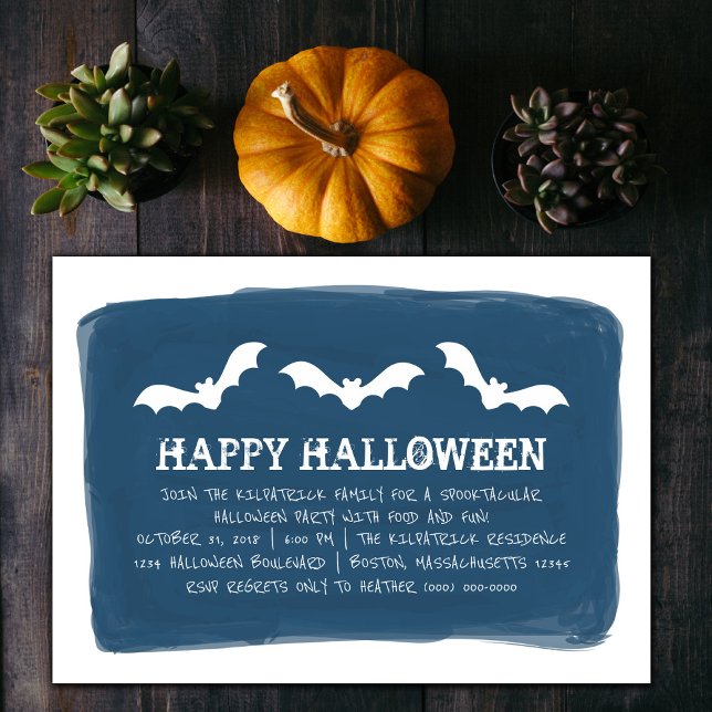 Invitation Blue White Watercolor chauves Halloween (Blue and White Watercolor Bats Halloween Party Invite)