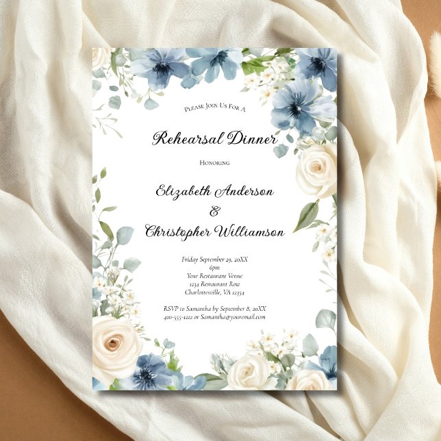 Invitation Blue White Watercolor Florals Rehearsal Dinner (Blue White/Cream Watercolor Florals Wedding Rehearsal Dinner Invitation. Printed or Digital Download)