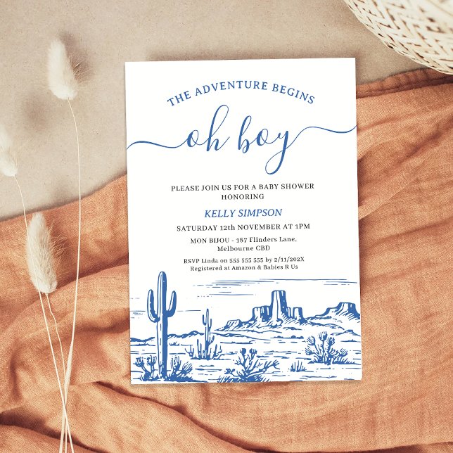 Invitation Blue Wilderness Adventure commence le Baby shower (Blue Wilderness The Adventure Begins Baby Shower Invitation Boy, Western Theme, Oh Boy Blue Desert)