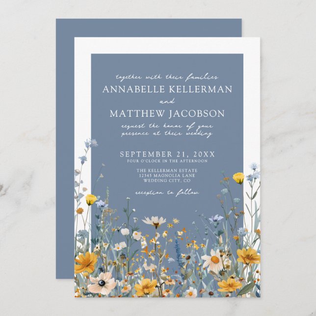 Invitation Blue Wildflower Floral Wedding (Devant / Derrière)