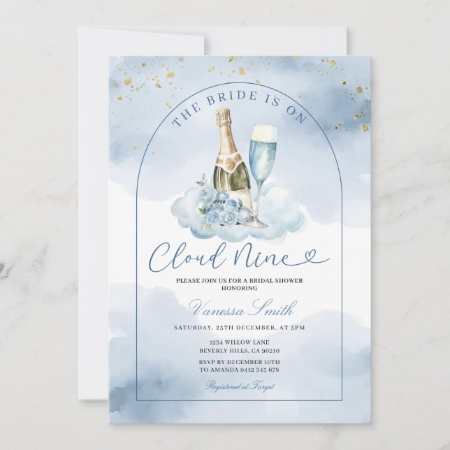 Invitation Blue Wine The Bride is Cloud Nine Bridal Shower (Devant)