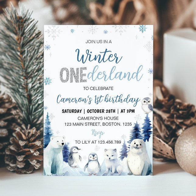 Invitation Blue Winter Animals Onederland 1st Birthday (Créateur téléchargé)