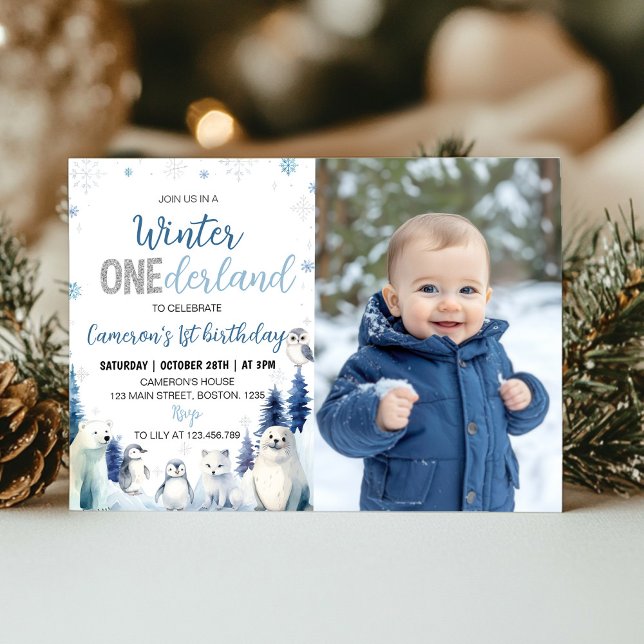Invitation Blue Winter Animals Onederland 1st Birthday Photo  (Créateur téléchargé)