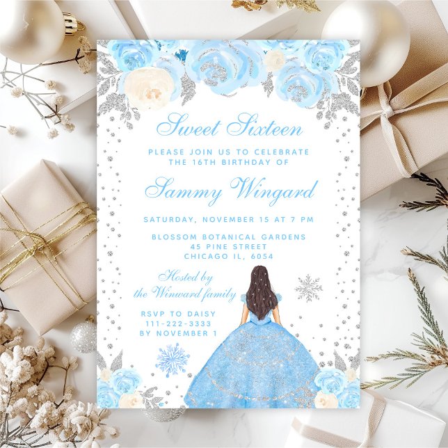 Invitation Blue Winter Brunette Hair Princesse Sweet sixteen (Créateur téléchargé)