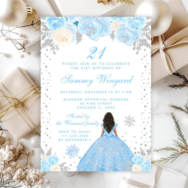 Invitation Blue Winter Dark Skin Princess Anniversaire (Créateur téléchargé)