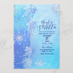 Invitation Blue Winter Feuilles & Snowflakes Sweet 16 Party