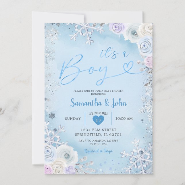 Invitation Blue Winter Floral Snowflake Baby shower de garçon (Devant)