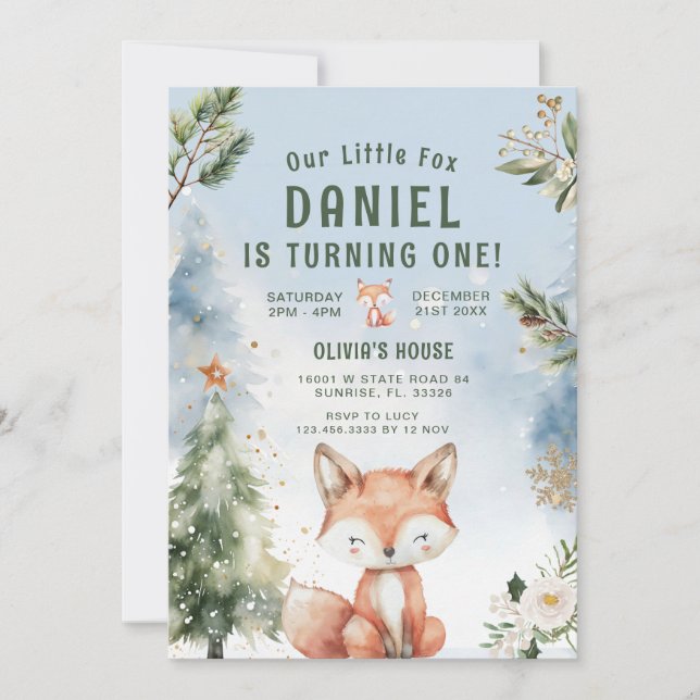 Invitation Blue Winter Forest Fox 1er anniversaire (Devant)
