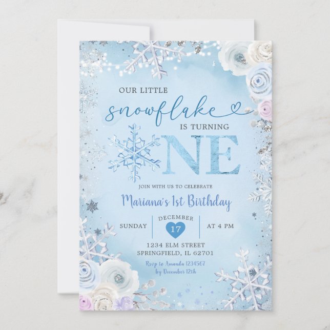 Invitation Blue Winter Little Snowflake devient One (Devant)