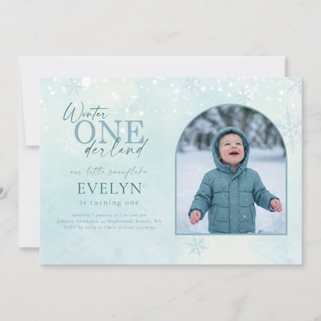 Invitation Blue Winter ONEderland Arch Photo First Birthday (Devant)
